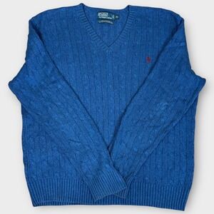 Polo by Ralph Lauren Tussah Silk Cable Knit V Neck Sweater Mens XL Blue Pullover